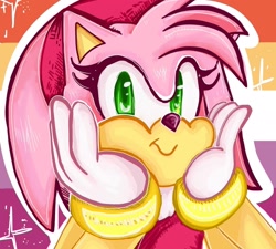 Size: 1440x1297 | Tagged: safe, artist:sadcrocs, amy rose, hedgehog, alternate version, female, head rest, icon, lesbian, lesbian pride, looking at viewer, outline, pride, pride flag background, smile, solo, sparkles