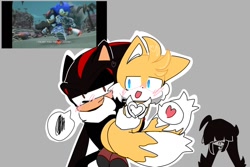 Size: 1148x768 | Tagged: safe, artist:agirlic3ammyz, miles "tails" prower, shadow the hedgehog, sonic prime s2, 2023, blushing, carrying them, duo, gay, grey background, heart, heart hands, outline, reference inset, shadails, shipping, simple background