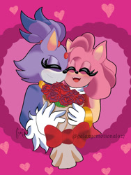 Size: 540x720 | Tagged: safe, artist:galaxyemotional27, amy rose, blaze the cat, cat, hedgehog, 2022, amy x blaze, amy's halterneck dress, blaze's tailcoat, bouquet, cute, eyes closed, female, females only, flowers, lesbian, shipping, valentine's day