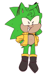 Size: 978x1304 | Tagged: safe, artist:head---ache, oc, oc:lash the hedgehog, hedgehog, boots, clothes, fankid, female, green fur, hands in pocket, jacket, parent:fiona, parent:scourge, parents:scouriona, sharp teeth, simple background, smile, solo, trans female, transgender, transparent background