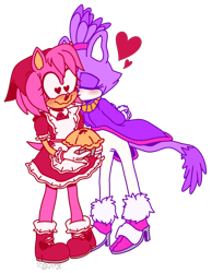 Size: 540x697 | Tagged: safe, artist:lovcor-femme, amy rose, blaze the cat, cat, hedgehog, 2020, amy x blaze, blaze's tailcoat, blushing, cute, female, females only, hands on back, heart eyes, hearts, kiss on cheek, lesbian, pie, shipping