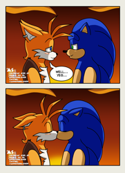 Size: 2048x2835 | Tagged: safe, artist:moontigerange1, miles "tails" prower, sails, sonic the hedgehog, sonic prime, abstract background, aged up, blushing, comic, dialogue, duo, ear piercing, eyes closed, floppy ears, gay, kiss, looking at each other, older, sails x sonic, shipping, smile, sonic x tails, speech bubble, sunset