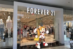 Size: 1169x777 | Tagged: safe, artist:uwusalad, miles "tails" prower, fox, abstract background, bag, dress, earring, female, fishnets, flower, forever 21, meme, shop, smile, solo, sonic characters walking into stores, storefront, trans female, transgender