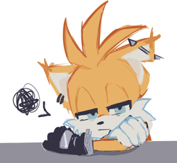 Size: 696x640 | Tagged: safe, artist:bloodshot121, miles "tails" prower, nine, fox, sonic prime, annoyed, arms folded, ear piercing, frown, leaning, lidded eyes, looking at viewer, male, simple background, sitting, solo, white background