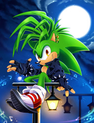 Size: 782x1022 | Tagged: safe, artist:sonictheedgehog, manik the hedgehog, hedgehog, fingerless gloves, gloves, green fur, jacket, male, moon, red eyes, shoes, socks, spiked bracelet