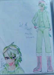 Size: 759x1052 | Tagged: safe, artist:noooonswing, jet the hawk, human, blue eyes, boots, collar, gloves, goggles, goggles on head, green hair, humanized, jacket, male, pants, shirt, tongue out, traditional media