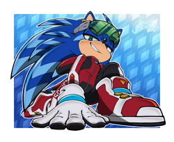 Size: 1496x1219 | Tagged: safe, artist:nowykowski, sonic the hedgehog, abstract background, border, clothes, lidded eyes, looking down at viewer, outline, smile, solo, sonic riders, sunglasses, uekawa style