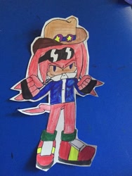 Size: 774x1032 | Tagged: safe, artist:justblaze03, knuckles the echidna, echidna, fingerless gloves, glasses, glasses on head, gloves, hat, jacket, knuckles' hat, male, purple eyes, red fur, shoes, sunglasses