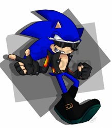 Size: 720x824 | Tagged: artist needed, safe, sonic the hedgehog, hedgehog, anti-sonic, belt, blue fur, boots, fingerless gloves, glasses, gloves, jacket, male, sharp teeth, sunglasses