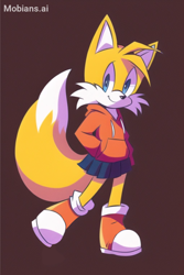 Size: 1366x2048 | Tagged: safe, ai art, artist:mobians.ai, miles "tails" prower, fox, boots, female, hand in pocket, hoodie, looking at viewer, orange shoes, skirt, smile, solo, trans female, transgender, walking