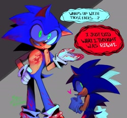 Size: 2048x1897 | Tagged: semi-grimdark, artist:pixiefeatherkw3, sonic the hedgehog, 2023, alternate version, blood, blood splatter, blood stain, dialogue, english text, glowing eyes, heart, implied murder, signature, smile, speech bubble, standing, yandere