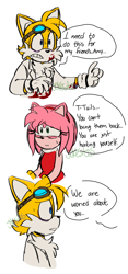 Size: 1184x2536 | Tagged: safe, artist:jokesitos-art, amy rose, miles "tails" prower, sonic forces, alternate universe, au:mad scientist, blood, bust, dialogue, duo, english text, frown, goggles, goggles on head, lab coat, signature, speech bubble, standing