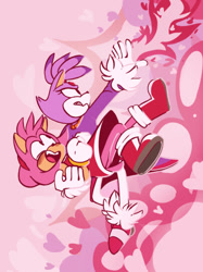 Size: 540x721 | Tagged: safe, artist:sonicfandomsecretsanta, amy rose, blaze the cat, cat, hedgehog, 2018, amy x blaze, amy's halterneck dress, blaze's tailcoat, carrying them, cute, female, females only, flame, hearts, lesbian, shipping