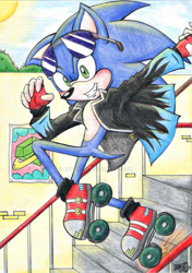 Size: 828x1175 | Tagged: safe, artist:nathyzim, sonic the hedgehog, hedgehog, blue fur, fingerless gloves, glasses, gloves, green eyes, male, rollerskates, shoes, socks, stairs, sunglasses