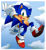 Size: 900x968 | Tagged: safe, artist:domestic maid, sonic the hedgehog, hedgehog, sonic heroes, 2020, abstract background, backwards v sign, border, clouds, from below, looking at viewer, male, mouth open, posing, redraw, smile, solo