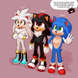 Size: 1080x1080 | Tagged: safe, artist:solar socks, shadow the hedgehog, silver the hedgehog, sonic the hedgehog, hedgehog, black fur, blue fur, boots, dialogue, english text, gloves, green eyes, grey fur, male, movie style, red eyes, red fur, shoes, socks, yellow eyes