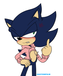 Size: 701x844 | Tagged: safe, artist:impulsive-doodles, sonic the hedgehog, hedgehog, blue fur, blushing, cross popping vein, dark form, dark sonic, green eyes, male, middle finger, sweater