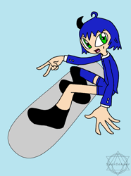 Size: 771x1036 | Tagged: safe, artist:noooonswing, sonic the hedgehog, human, asymmetrical footwear, asymmetrical legwear, blazer, blue hair, boots, green eyes, horn, humanized, male, shirt, shorts, single boot, single knee boot, single thighhigh, skateboard