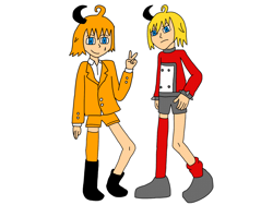 Size: 2048x1536 | Tagged: safe, artist:noooonswing, miles "tails" prower, miles (anti-mobius), human, asymmetrical footwear, asymmetrical legwear, blazer, blue eyes, boots, horn, humanized, male, orange hair, shirt, shorts, single boot, single knee boot, single thigh boot, spiked bracelet, sweater, yellow hair