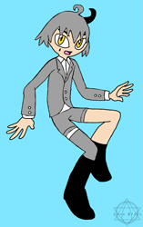 Size: 709x1127 | Tagged: safe, artist:noooonswing, silver the hedgehog, human, asymmetrical footwear, asymmetrical legwear, blazer, boots, grey hair, horn, humanized, male, shirt, shorts, single boot, single knee boot, single leg pantyhose, single thighhigh, yellow eyes