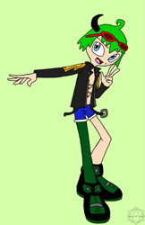 Size: 719x1112 | Tagged: safe, artist:noooonswing, scourge the hedgehog, human, asymmetrical legwear, blue eyes, glasses, glasses on head, green hair, horn, humanized, jacket, male, scars, shoes, shorts, single leg pantyhose, sunglasses