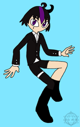 Size: 709x1127 | Tagged: safe, artist:noooonswing, mephiles the dark, human, asymmetrical footwear, asymmetrical legwear, black hair, blazer, boots, horn, humanized, male, purple eyes, purple hair, shirt, shorts, single boot, single knee boot, single leg pantyhose, single thighhigh