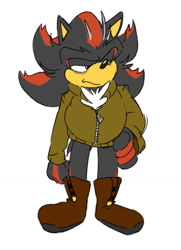 Size: 828x1143 | Tagged: safe, artist:roonienoonie, shadow the hedgehog, hedgehog, black fur, boots, jacket, male, red eyes, red fur