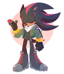 Size: 1280x1477 | Tagged: safe, artist:sonjhjh, shadow the hedgehog, hedgehog, black fur, boots, eyes closed, fingerless gloves, gloves, jacket, male, red fur