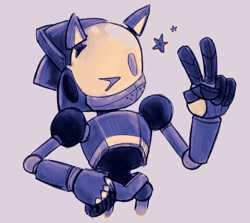 Size: 2048x1825 | Tagged: safe, artist:frostiios, chaos sonic, sonic prime s2, grey background, hand on hip, looking offscreen, robot, simple background, standing, star (symbol), v sign, wink