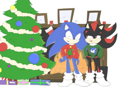 Size: 1024x731 | Tagged: artist needed, safe, shadow the hedgehog, sonic the hedgehog, hedgehog, black fur, blue fur, christmas, christmas tree, eyes closed, male, red eyes, red fur, socks, sweater