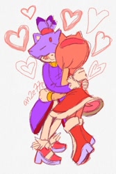 Size: 540x810 | Tagged: safe, artist:an2e77e, amy rose, blaze the cat, cat, hedgehog, 2019, amy x blaze, amy's halterneck dress, blaze's tailcoat, blushing, cute, eyes closed, female, females only, hearts, hugging, lesbian, shipping, sketch