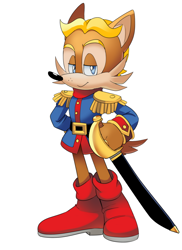 Size: 762x1048 | Tagged: safe, artist:drawloverlala, antoine d'coolette, coyote, archie sonic online, belt, blue eyes, boots, brown fur, jacket, male, sword