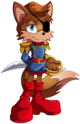 Size: 194x300 | Tagged: safe, artist:drawloverlala, amadeus prower, fox, archie sonic online, belt, blue eyes, boots, brown fur, eyepatch, jacket, male, sword