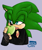 Size: 247x293 | Tagged: safe, artist:yuki-takimura, scourge the hedgehog, hedgehog, apple, blue eyes, bust, fingerless gloves, gloves, green fur, holding something, jacket, male, scars, simple background, solo
