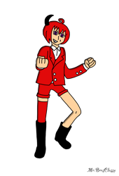 Size: 1042x1533 | Tagged: safe, artist:noooonswing, knuckles the echidna, human, asymmetrical footwear, asymmetrical legwear, blazer, boots, horn, humanized, male, purple eyes, red hair, shirt, shorts, single boot, single knee boot, single thighhigh