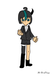 Size: 1042x1533 | Tagged: safe, artist:noooonswing, mephiles the dark, human, asymmetrical footwear, asymmetrical legwear, black hair, blazer, blue eyes, blue hair, boots, horn, humanized, male, shirt, shorts, single boot, single knee boot, single leg pantyhose, single thighhigh