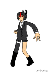 Size: 1042x1533 | Tagged: safe, artist:noooonswing, shadow the hedgehog, human, asymmetrical footwear, asymmetrical legwear, black hair, blazer, boots, horn, humanized, male, red eyes, red hair, shirt, shorts, single boot, single knee boot, single leg pantyhose, single thighhigh