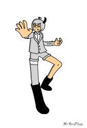 Size: 1042x1533 | Tagged: safe, artist:noooonswing, silver the hedgehog, human, asymmetrical footwear, asymmetrical legwear, blazer, boots, grey hair, horn, humanized, male, shirt, shorts, single boot, single knee boot, single leg pantyhose, single thighhigh, yellow eyes