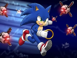 Size: 1032x774 | Tagged: safe, artist:star-shiner, sonic the hedgehog, hedgehog, blue fur, gloves, green eyes, male, ring, shoes, socks