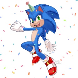 Size: 828x828 | Tagged: safe, artist:solar socks, sonic the hedgehog, hedgehog, birthday, blue fur, confetti, gloves, green eyes, male, movie style, party hat, shoes, socks