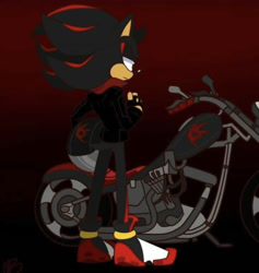 Size: 1421x1501 | Tagged: artist needed, safe, shadow the hedgehog, hedgehog, black fur, fingerless gloves, gloves, helmet, jacket, male, motorcycle, red eyes, red fur, shoes