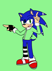 Size: 764x1046 | Tagged: safe, artist:noooonswing, sonic the hedgehog, hedgehog, asymmetrical legwear, blue fur, green eyes, jacket, male, shoes, single fingerless glove, single over-kneehigh, single sock, vocaloid