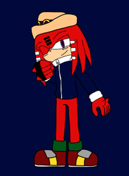 Size: 764x1046 | Tagged: safe, artist:noooonswing, knuckles the echidna, echidna, hat, jacket, knuckles' hat, male, one eye closed, purple eyes, red fur, shoes, single fingerless glove, vocaloid