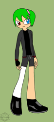 Size: 673x1514 | Tagged: safe, artist:noooonswing, oc, oc:durian the quilladillo, human, asymmetrical legwear, blue eyes, green hair, heterochromia, humanized, jacket, male, red eyes, shoes, shorts, single fingerless glove, single thighhigh