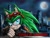 Size: 1080x818 | Tagged: safe, artist:rainwaterfallszone, scourge the hedgehog, hedgehog, blue eyes, city, cityscape, ear piercing, fingerless gloves, glasses, glasses on head, gloves, green fur, grin, jacket, male, moon, nighttime, solo, sunglasses