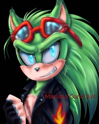 Size: 1080x1350 | Tagged: safe, artist:rainwaterfallszone, scourge the hedgehog, hedgehog, blue eyes, fingerless gloves, glasses, glasses on head, gloves, green fur, jacket, male, scars, sunglasses