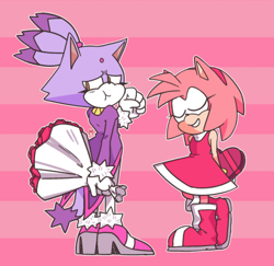 Size: 500x486 | Tagged: safe, artist:fiolina, amy rose, blaze the cat, cat, hedgehog, 2017, amy x blaze, amy's halterneck dress, blaze's tailcoat, bouquet, chocolate box, cute, female, females only, lesbian, shipping, valentine's day