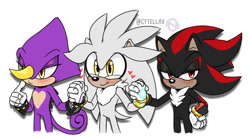 Size: 864x474 | Tagged: safe, artist:novacy05, espio the chameleon, shadow the hedgehog, silver the hedgehog, 2021, blushing, cute, espibetes, frown, gay, heart, holding hands, looking offscreen, male, males only, polyamory, pout, shadilvio, shadow x silver, shadowbetes, shipping, silvabetes, silvio, simple background, smile, standing, trio, trio male, watermark, white background