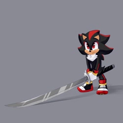 Size: 828x828 | Tagged: safe, artist:solar socks, shadow the hedgehog, hedgehog, black fur, gloves, katana, male, movie style, red eyes, red fur, shoes