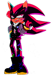 Size: 828x1209 | Tagged: safe, artist:sa2battle, shadow the hedgehog, hedgehog, bandaid, baseball bat, black fur, bleeding, blood, boots, jacket, male, nosebleed, red eyes, red fur